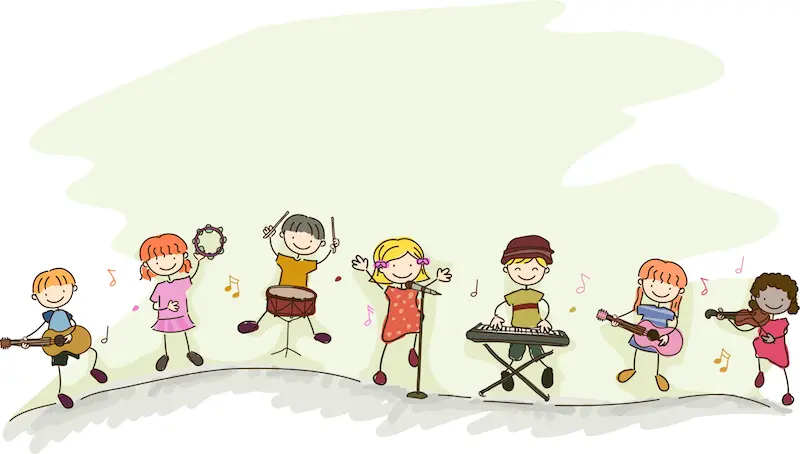 Un dibujo con 7 niños tocando diferentes instrumentos musicales